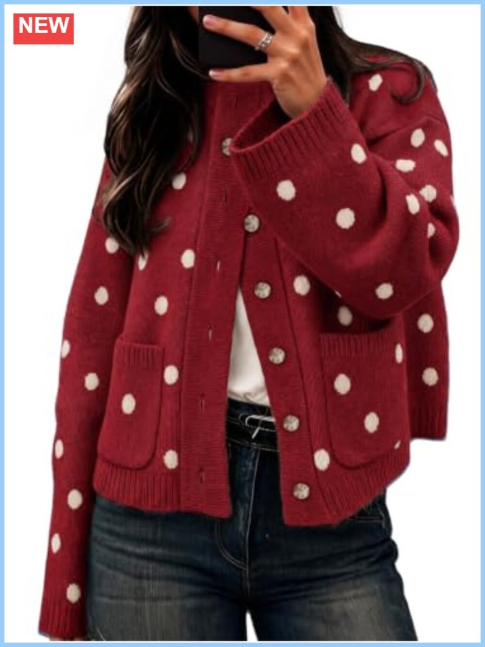 Polka Dot Cardigan Long Sleeve Mock Neck Button Down Knit Sweater